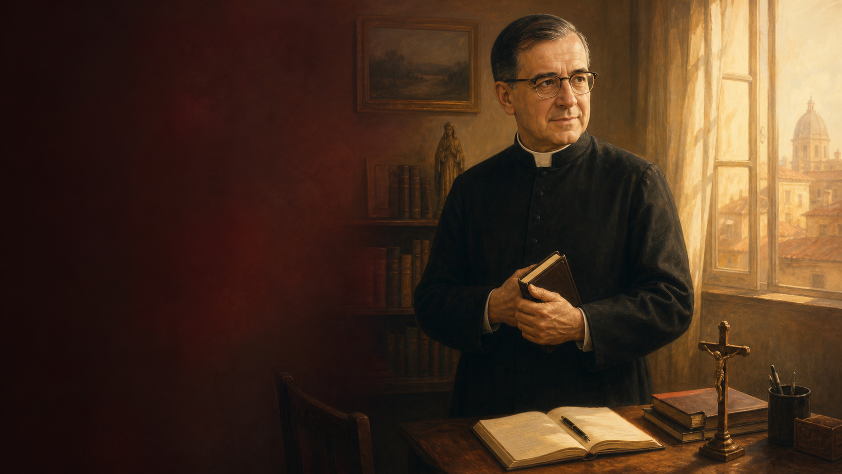 Josemaría Escrivá in een studeerkamer bij het eerste ochtendlicht